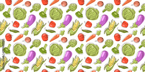 Seamless pattern with flat style vegetable, cabbage, artichoke, broccoli, corn, peas, eggplant, tomato, carrot and pepper on white background. Design background for grocery store.