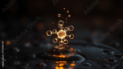 A single, complex, glowing molecule emerges from a dark, primordial aqueous solution, symbolizing the spark of life.