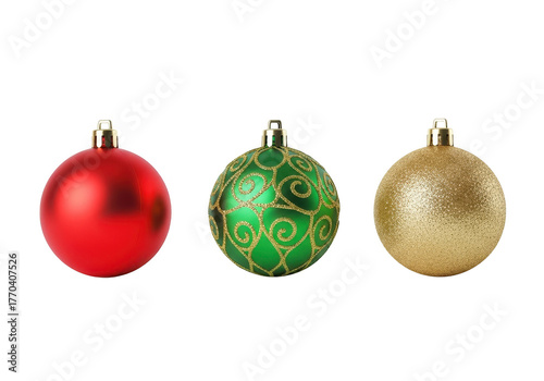 Three festive christmas ornaments including a red a green patterned and a gold patterned bauble isolated on transparent background