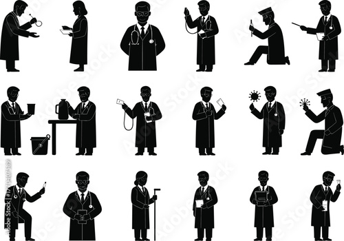 Science and medical silhouettes, doctor and researcher illustration, healthcare professional vector, academic gown figures, laboratory activity art, clinical teamwork design, education graphic