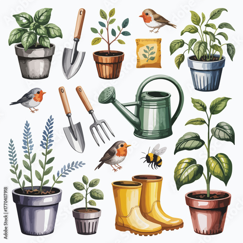 Isolated vector gardening tools and potted house plants with leaf and flower elements for home growth in spring