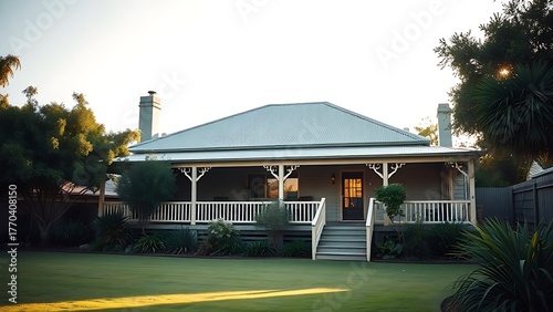 Single-story Australian suburban house with a wide veranda, lush garden in soft afternoon light.