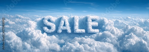 Sky sale scene with Cinematic bright Sky atmosphere with dynamic clouds forming SALE lettering,  Bright Sky Atmosphere background with dynamic clouds forming SALE lettering for advertising 