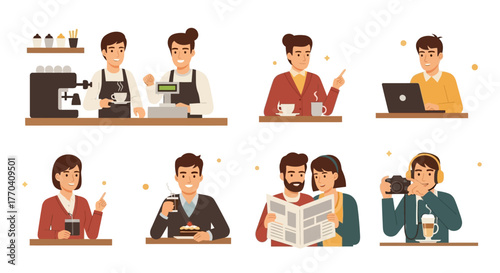 A diverse set of cartoon people in a coffee shop, including baristas, a freelancer, a couple reading, and a photographer.