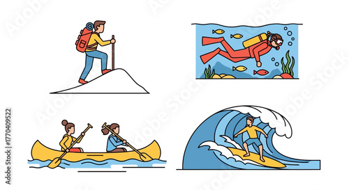 A colorful line art illustration set of outdoor adventure sports including hiking, scuba diving, canoeing, and surfing.