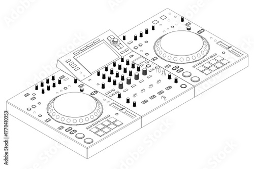 Black and white DJ controller with a large LCD display, various knobs and buttons, USB port, built-in microphone, and headphone jack for professional music mixing.