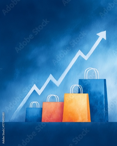 Strategic business sale with abstract silhouette of stacked shopping bags forming upward arrow, elegant abstract silhouette of stacked shopping bags concept for rising revenue  marketing  visual