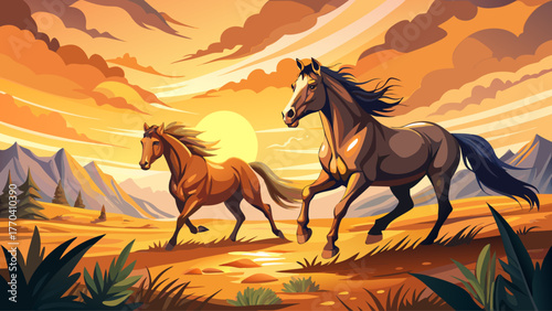 Realistic vector of a male and female horse running together on open meadow, golden sunset light, dust and motion, natural landscape, strong and graceful wildlife scene