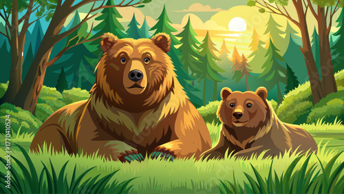 Realistic vector of male and female bears resting in green meadow, tall grass and forest background, warm sunlight, detailed fur texture, peaceful wildlife moment