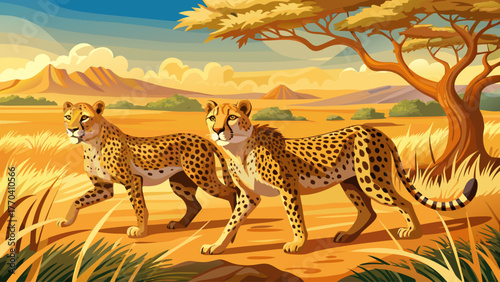 Realistic vector of male and female cheetahs walking together across golden savannah, bright daylight, short grass, natural African wildlife scene, graceful movement