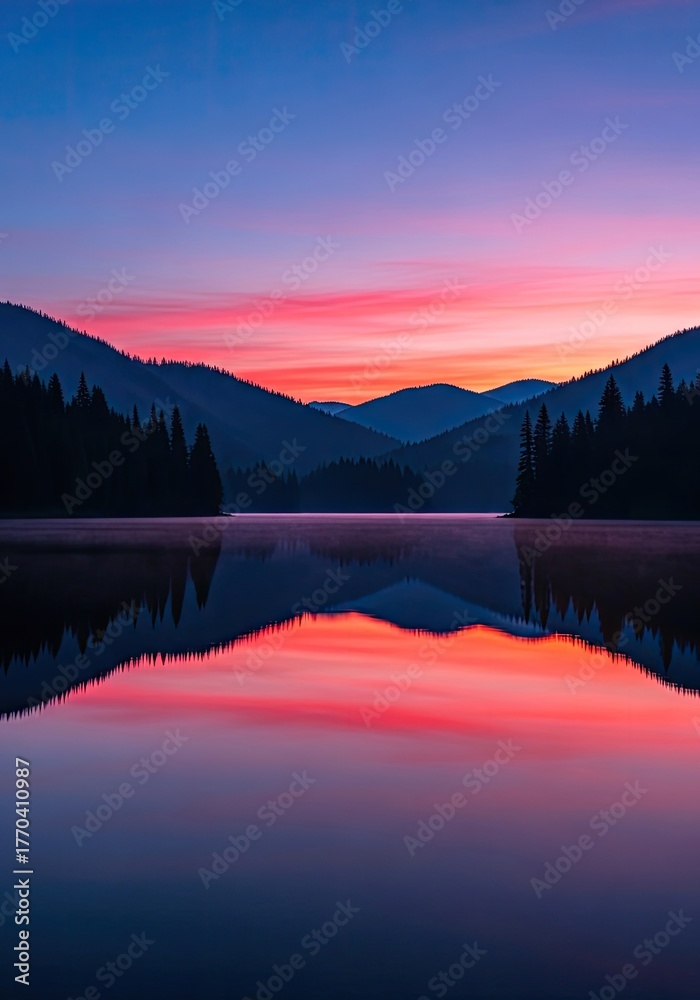 Fototapeta premium Serene Lake at Sunset, Mountain Silhouette and Water Reflection, Pink and Blue Sky