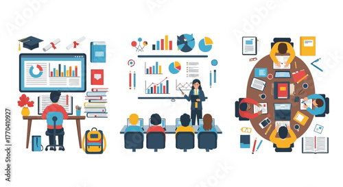 A collection of flat design illustrations showing online education, business presentation, and teamwork.