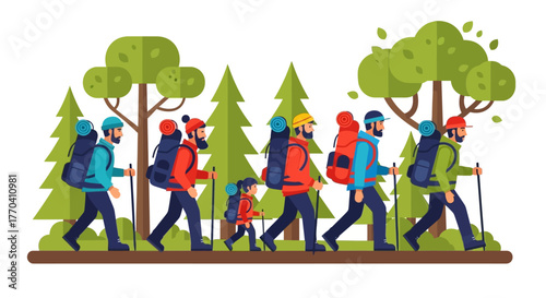 A group of flat design hikers, including a child, walking in a line with large backpacks and trekking poles.