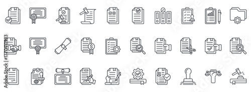 Legal Document Icon Set. Contains Icons That Are Relevant For Business. Designed In Vector Outline Style