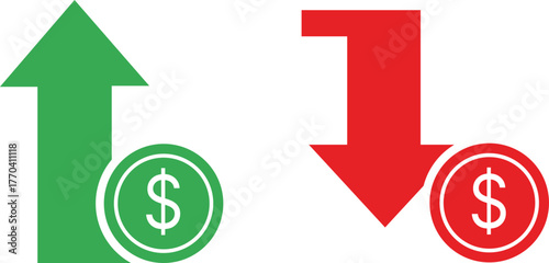 Green arrow up with dollar coin and red arrow down with dollar coin finance money