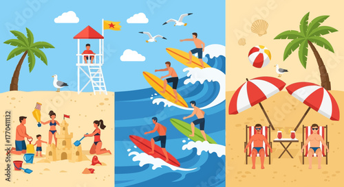 Beach Scenery with People, Palm Trees, Surfboards, and Lifeguard Tower