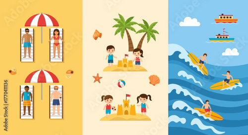 Beach Vacation Scenes with People Relaxing, Building Sandcastles, and Surfing