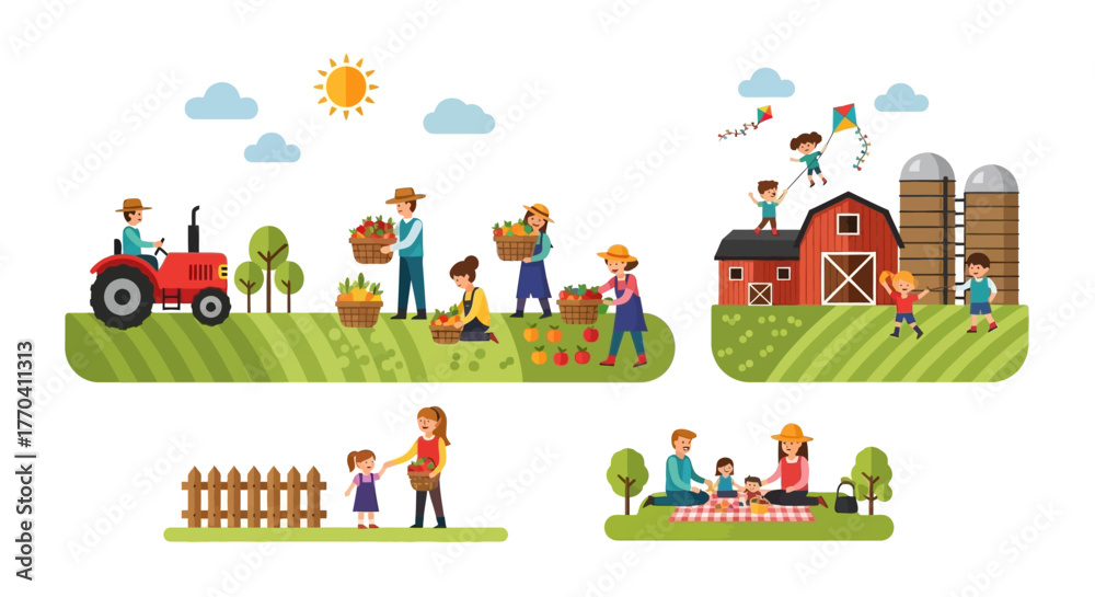Naklejka premium Cartoon Farm Scenes with People, Tractor, Barn, and Harvest