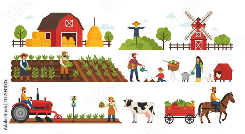 Cartoon Farm Scene with Farmers, Animals, and Agricultural Elements