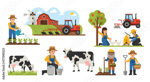 Cartoon Farmers and Farm Animals in Various Activities on the Farm