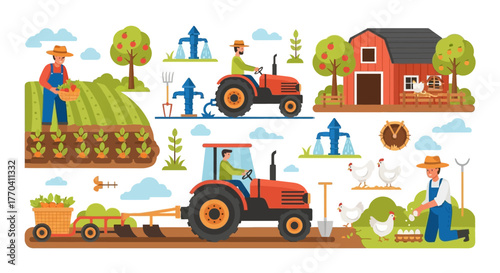 Cartoon Farmers and Farm Elements: Tractors, Barn, Crops, and Agricultural Tools