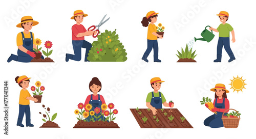 Cartoon Farmers Gardening: Planting, Pruning, Watering, Harvesting Vegetables