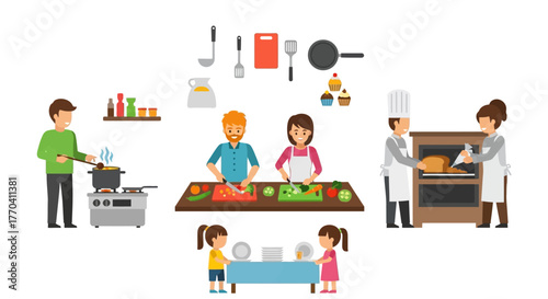 Cartoon Illustration of People Cooking, Preparing Food, and Setting the Table