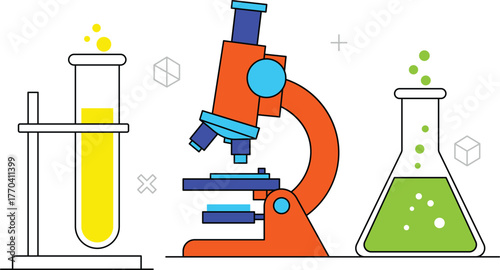 Orange microscope and flasks with yellow and green liquids and bubbles science laboratory