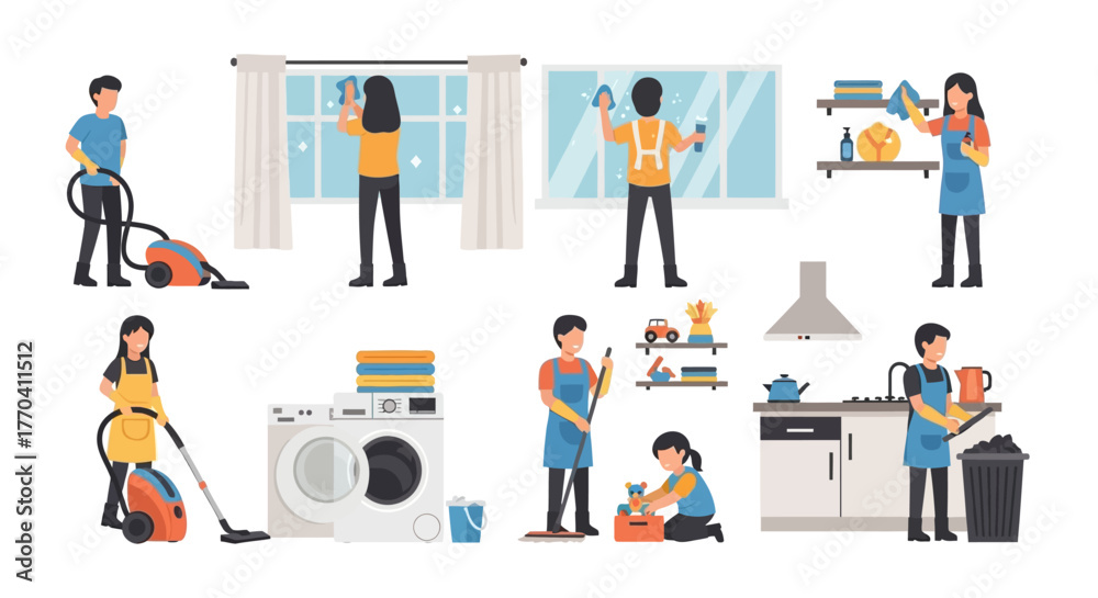 Naklejka premium Collection of diverse people performing various household cleaning tasks, depicted in a modern flat illustration style.