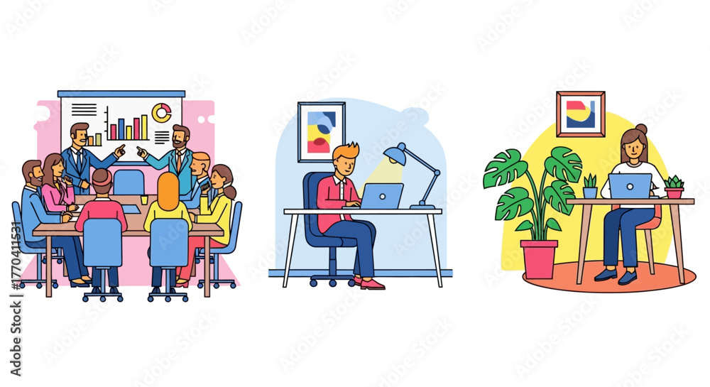 Fototapeta premium Collection of flat line art illustrations showing diverse office work environments, business meetings, and remote work.