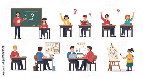 Collection of cartoon students and teachers in diverse educational settings, from classroom lectures to coding and art.