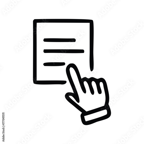 Hand pointing at a document icon, symbolizing selection, interaction, or data entry
