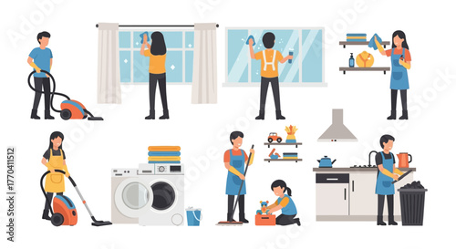 Collection of diverse people performing various household cleaning tasks, depicted in a modern flat illustration style.