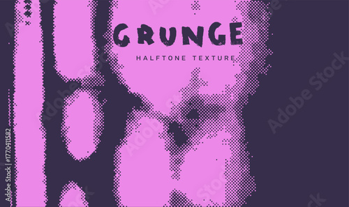 Vector illustration blends grunge halftone texture in bold purple and pink with distressed dot patterns and rugged shapes. Jagged text labels evoke a raw, urban theme of gritty graphic rebellion.