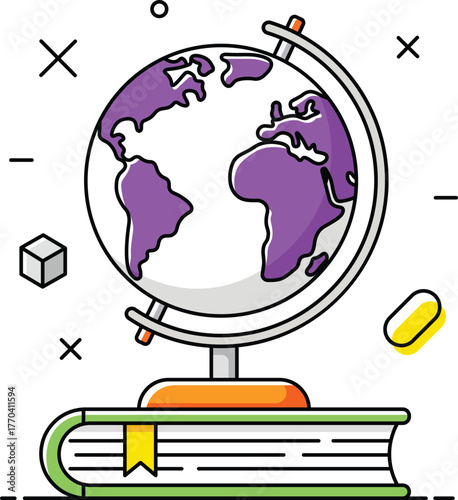 Purple globe on green book with abstract shapes and bookmark education learning
