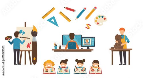 Diverse Art Activities: Painting, Sculpting, Drawing, and Digital Design