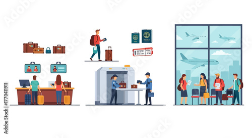 Diverse Airport Scenes Illustrating Travel Procedures and Passenger Experiences