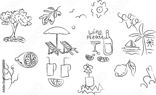 Line marker hand drawn brush sea life element set. Sketch pencil stroke vector graphic pen underline scribble icon. Hand drawn writing wine please, and sea life  Vector illustration