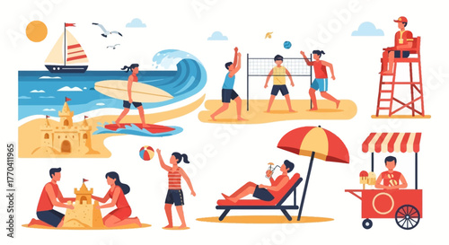 Diverse Beach Activities and Summer Fun Illustrated Scene