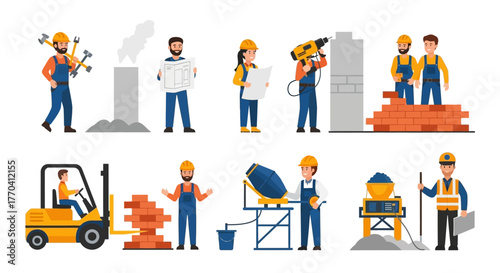 Diverse Construction Workers in Various Poses, Performing Different Tasks.