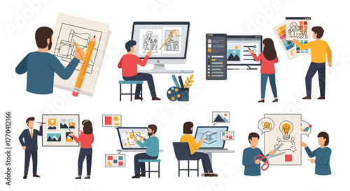 Diverse Designers Collaborating on Creative Projects Digitally and Traditionally