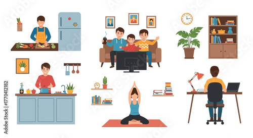 Diverse domestic activities depicted in a flat illustration style