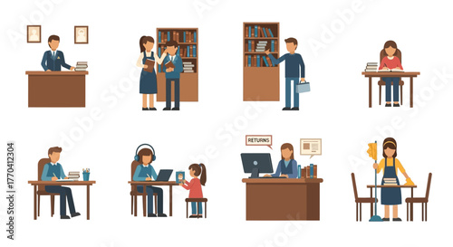 Diverse Flat Design Illustrations Depicting People Engaged in Various Library and Educational Activities
