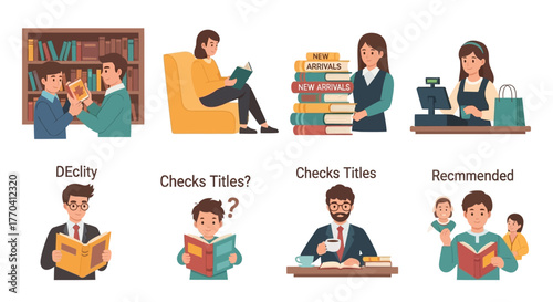 Diverse flat illustrations of people reading, studying, and working with books in various settings.
