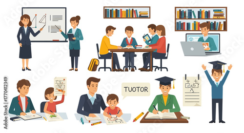 Diverse flat vector illustrations showcasing education, learning, tutoring, and academic achievement.