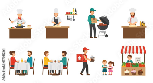 Diverse Food Service and Culinary Activities Illustrated Collection