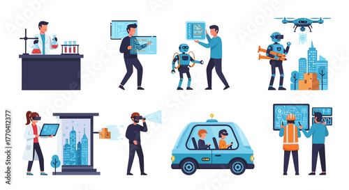 Diverse Futuristic Technology and Innovation Scenes Illustrated