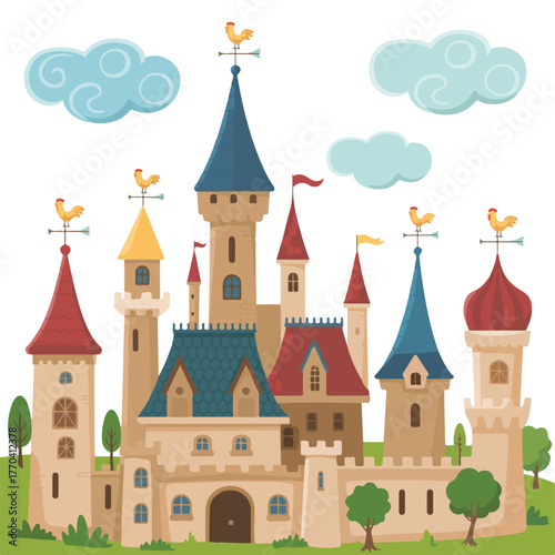 A colorful cartoon vector illustration of a pink fairy tale castle with a tower on a hill, creating a whimsical fantasy kingdom home