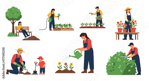 Diverse Gardeners Engaged in Various Gardening Activities, Flat Vector Illustration