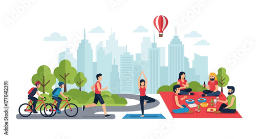 Diverse group enjoying outdoor activities: cycling, jogging, yoga, and picnic in flat vector style.